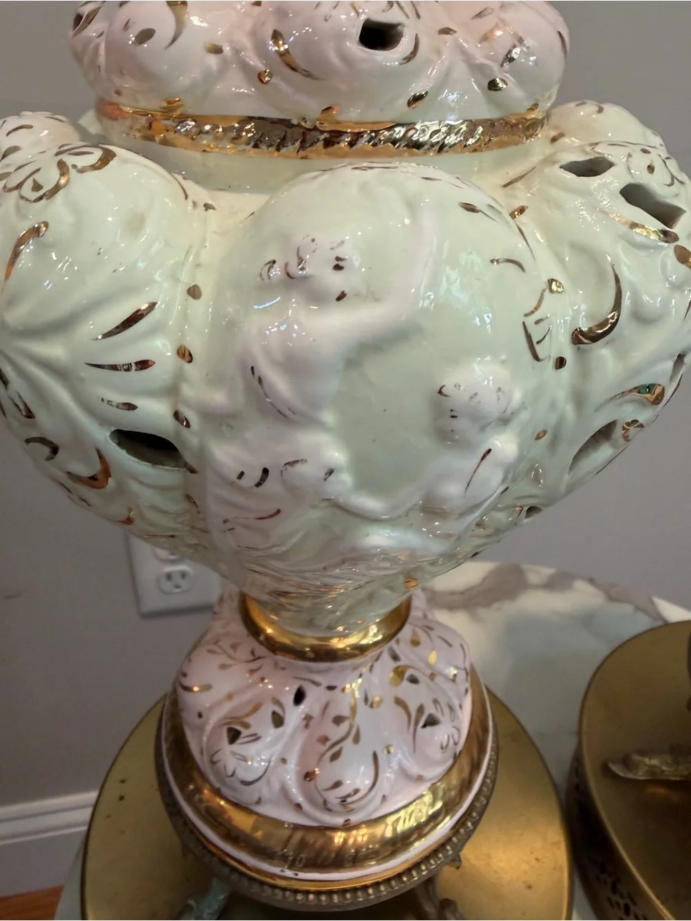 Vintage Capadimante Cherub Pink /Cream Porcelain Table Lamp Pair with koi feet